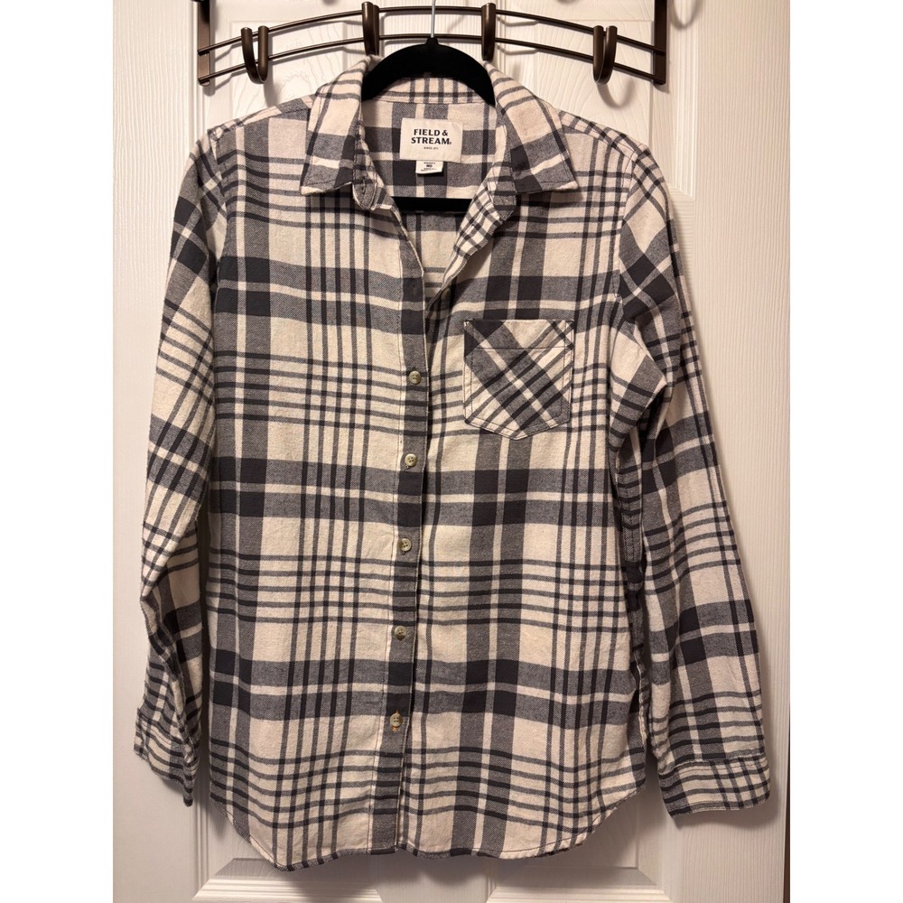 Field & Stream Womens Plaid Flannel Shirt Black White Gray Size Medium Button Up